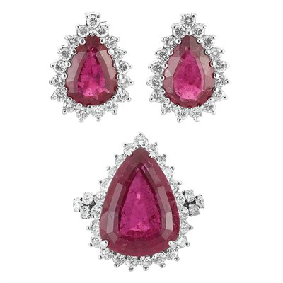 Lot 124 - Platinum, Rubellite and Diamond Ring and Pair of Earclips
