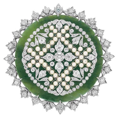 Lot 234 - Platinum, White Gold, Diamond, Pearl and Nephrite Pendant-Brooch