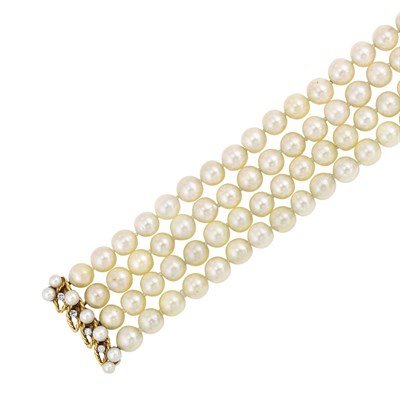 Lot 54 - Four Strand Cultured Pearl Necklace with Gold, Cultured Pearl and Diamond Clasp