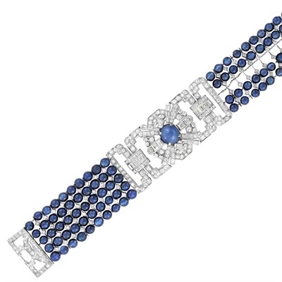 Lot 603 - Art Deco Five Strand Synthetic Sapphire Bead, Platinum, Star Sapphire and Diamond Bracelet