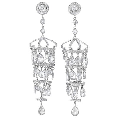 Lot 223 - Pair of Platinum and Diamond Fringe Pendant-Earclips