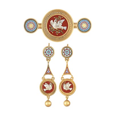 Lot 400 - Antique Gold and Micromosaic Brooch and Pair of Pendant-Earrings