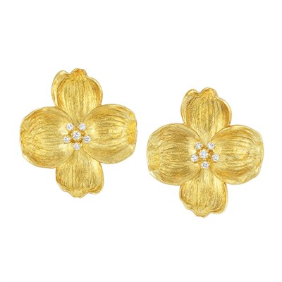 Lot 520 - Pair of Gold and Diamond 'Dogwood' Flower Earclips, Tiffany & Co.