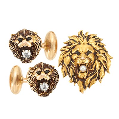 Lot 590 - Pair of Antique Gold and Diamond Lion Head Cufflinks and Pendant-Pin