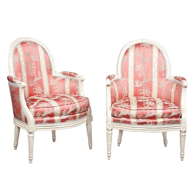 Lot 385 - Pair of Louis XVI White Painted Bergeres en...
