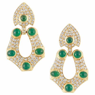 Lot 153 - Pair of Gold, Diamond and Cabochon Emerald Pendant-Earrings