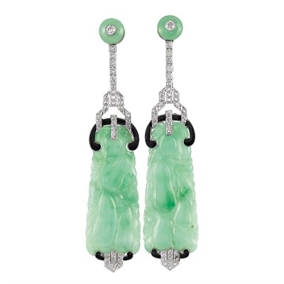 Lot 618 - Pair of Art Deco Platinum, Diamond, Carved Jade and Black Enamel Pendant-Earrings