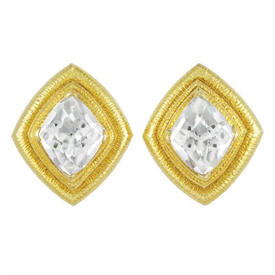 Lot 537 - Pair of Hammered Gold and Rock Crystal Earclips, David Webb