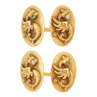 Lot 249 - Pair of Antique Gold, Demantoid Garnet and Diamond Cufflinks