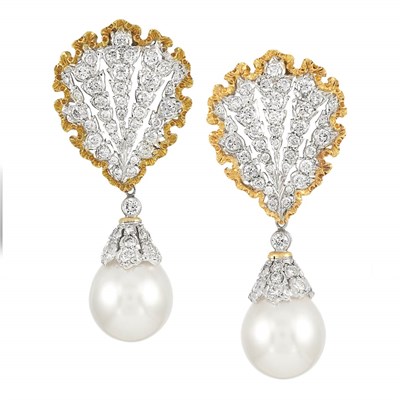 Lot 569 - Pair of Two-Color Gold, Diamond and Cultured Pearl Pendant-Earrings, Mario Buccellati