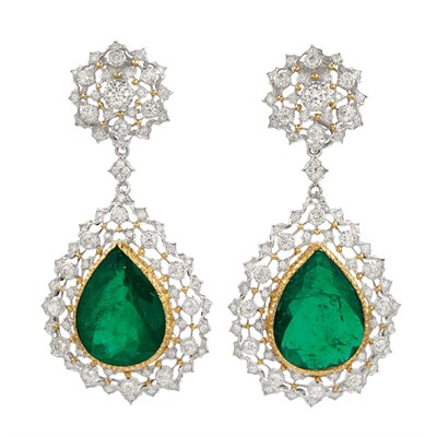 Lot 571 - Pair of Two-Color Gold, Diamond and Emerald Pendant-Earrings, Buccellati