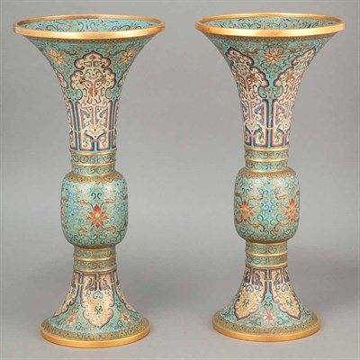 Lot 447 - Pair of Chinese Cloisonne Vases Of gu form,...