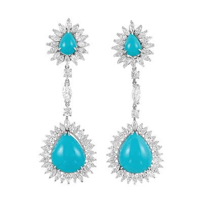 Lot 485 - Pair of Platinum, Turquoise and Diamond Pendant-Earclips