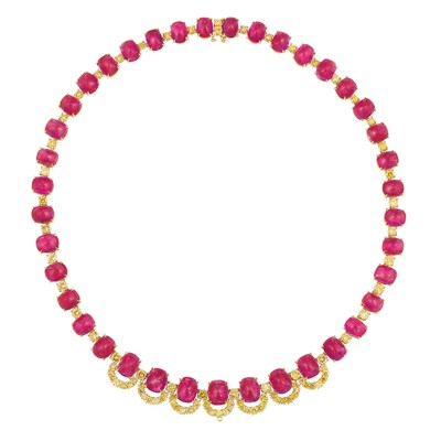 Lot 439 - Gold, Cabochon Ruby and Fancy Vivid Yellow Diamond Necklace