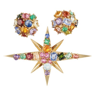 Lot 232 - Pair of Gold and Gem-Set Bombe Earclips and Star Brooch