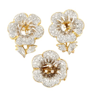 Lot 795 - Pair of Two-Color Gold and Diamond Flower Earclips and Ring