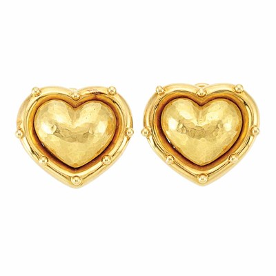 Lot 611 - Pair of Hammered Gold Heart Earclips, Tiffany & Co., Paloma Picasso