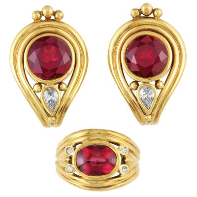 Lot 31 - Pair of Gold, Garnet and Diamond Earclips and Ring, Helen Woodhull