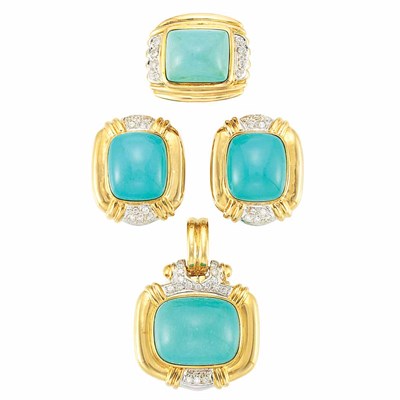 Lot 729 - Pair of Gold, Turquoise and Diamond Earclips, Pendant and Ring