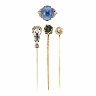 Lot 265 - Cabochon Synthetic Sapphire and Diamond Ring and Period Diamond and Gem-Set Stickpins