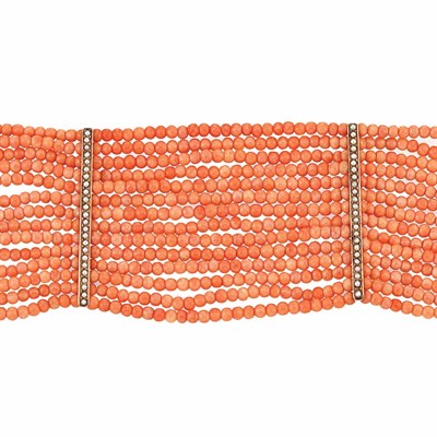 Lot 100 - Antique Fourteen Strand Coral Bead, Gold and Split Pearl Choker Necklace