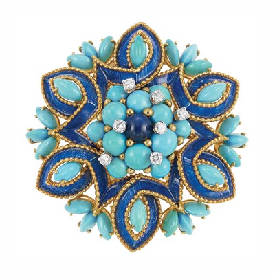 Lot 542 - Gold, Turquoise, Cabochon Sapphire, Diamond and Blue Enamel Clip-Brooch, France