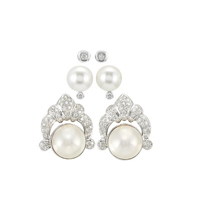 Lot 85 - Pair of Cultured Pearl and Diamond Earrings, Diamond Stud Earrings and Mabe Pearl and Diamond Earclips