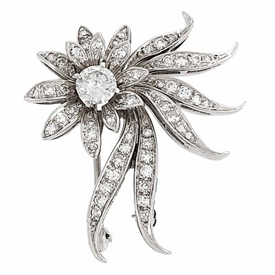Lot 700 - Palladium and Diamond Flower Clip-Brooch