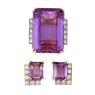 Lot 333 - Gold, Amethyst and Diamond Ring and Pair of Earclips