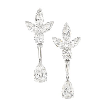 Lot 566 - Pair of Platinum and Diamond Pendant-Earclips
