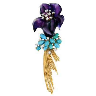 Lot 486 - Gold, Platinum, Carved Amethyst, Turquoise and Diamond Flower Clip-Brooch