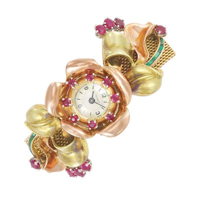 Lot 237 - Retro Two-Color Gold, Mother-of-Pearl, Ruby and Emerald Flower Mesh Wristwatch