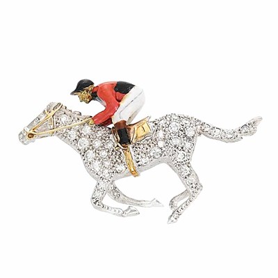 Lot 702 - Two-Color Gold, Diamond and Enamel Jockey and Horse Pin