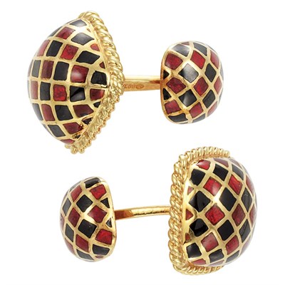 Lot 244 - Pair of Gold and Red and Black Enamel Cufflinks, David Webb