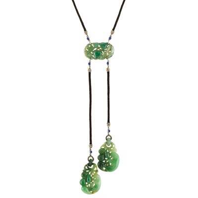 Lot 400 - Art Deco Carved Jade, Diamond, Platinum, Diamond and Cabochon Sapphire and Cord Necklace