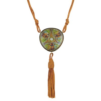 Lot 385 - Art Nouveau Gold, Plique-a-Jour Enamel, Paillon Enamel, Diamond and Silk Pendant-Necklace, Attributed to Etienne Tourette