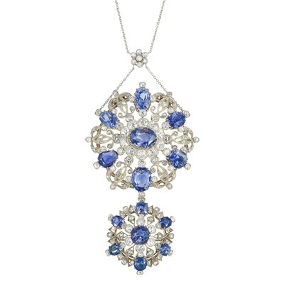 Lot 420 - Belle Epoque Silver, Gold, Sapphire and Diamond Pendant-Brooch with Platinum and Diamond Chain