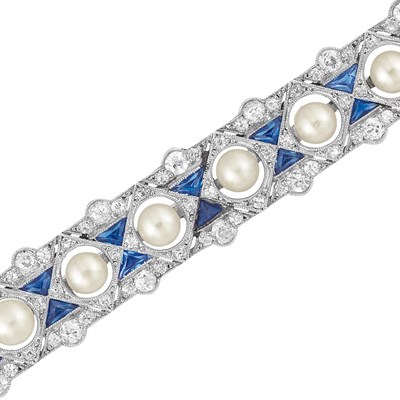 Lot 97 - Art Deco Platinum, Pearl, Diamond and Sapphire Bar Pin