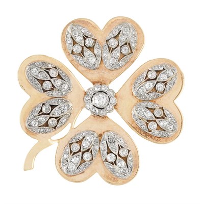Lot 84 - Gold, Platinum and Diamond Four Leaf Clover Clip-Brooch