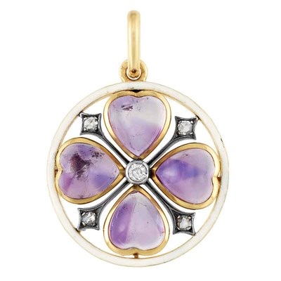 Lot 58 - Antique Gold, Silver, Cabochon Amethyst, Diamond and White Enamel Pendant