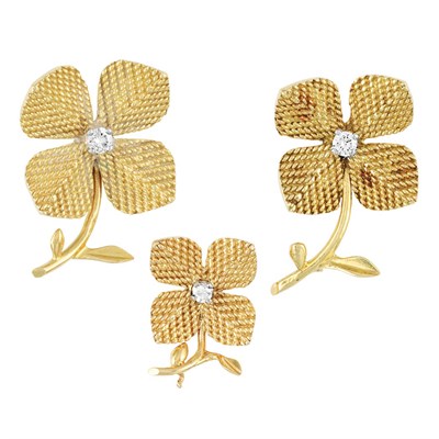 Lot 264 - Two Gold and Diamond Flower Clips and Pendant, Sterle, France