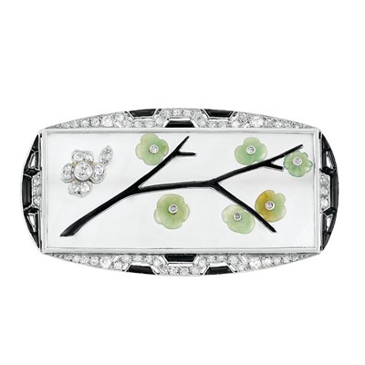 Lot 617 - Art Deco Platinum, White Gold, Frosted Rock Crystal, Carved Jade, Diamond, Black Onyx and Black Enamel Brooch, France