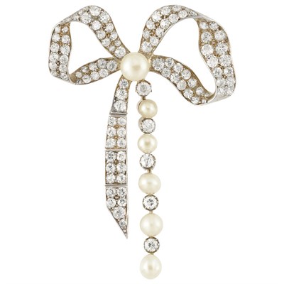 Lot 91 - Antique Silver, Gold, Diamond and Button Pearl Bow Brooch