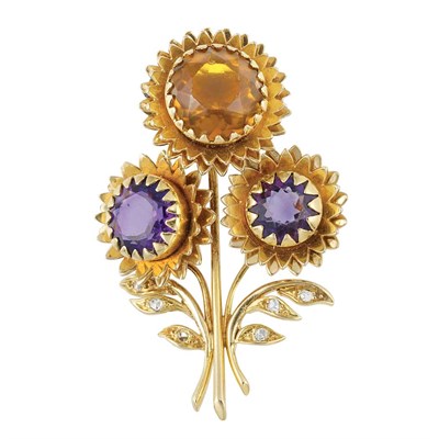 Lot 238 - Gold, Citrine, Amethyst and Diamond Flower Clip, Marchak, Paris