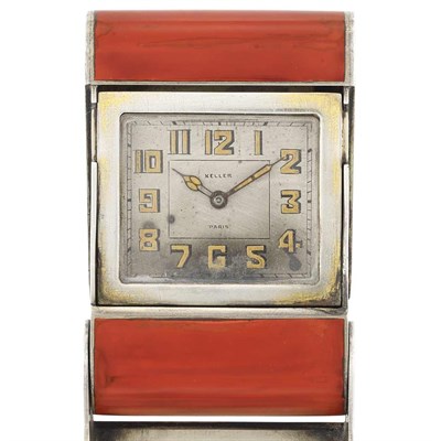 Lot 169 - Art Deco Silver, Silver Gilt and Red Enamel Travel Clock, Keller, Paris