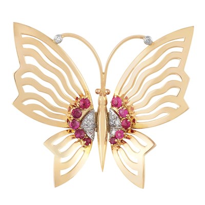 Lot 230 - Gold, Platinum, Ruby and Diamond Butterfly Clip, Mauboussin, France