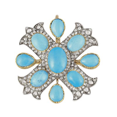Lot 68 - Antique Silver, Gold, Turquoise and Diamond Maltese Cross Pendant-Brooch