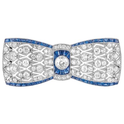 Lot 197 - Art Deco Platinum, Diamond and Sapphire Bow Brooch, France