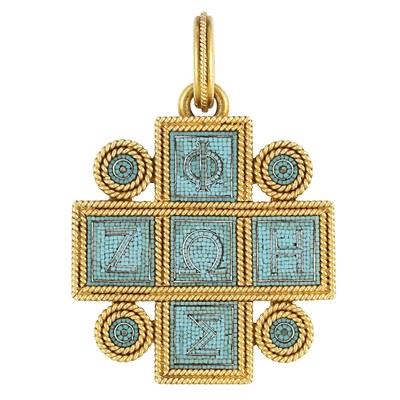Lot 408 - Antique Gold and Turquoise Micromosaic Pendant, Castellani