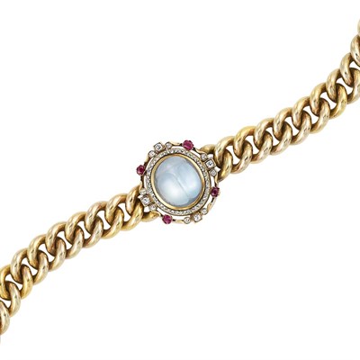 Lot 63 - Antique Gold, Silver, Moonstone Scarab, Diamond and Ruby Bracelet